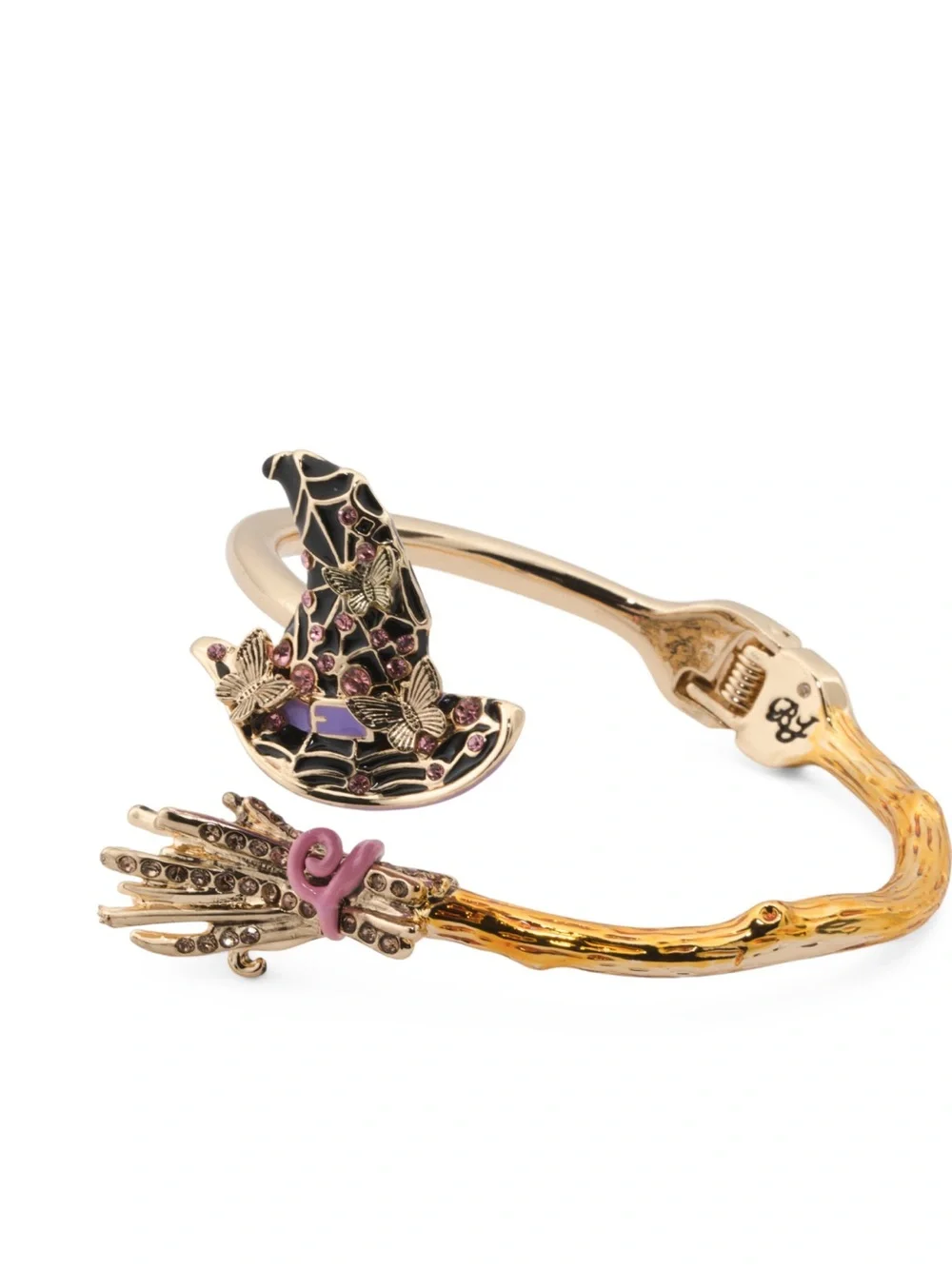 Betsey Johnson Gold Tone Witch Hat & Broom Bracelet with Purple and Pink Accents